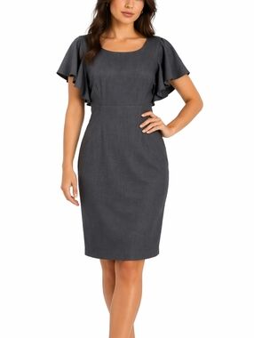 Calvin Klein Charcoal Grey Flutter Ruffle Sleeve Knee Length Sheath Dress